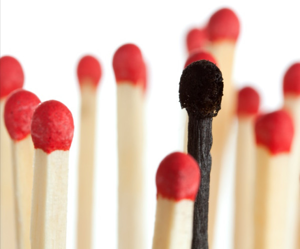 burnt match between new matchsticks, shallow depth of field